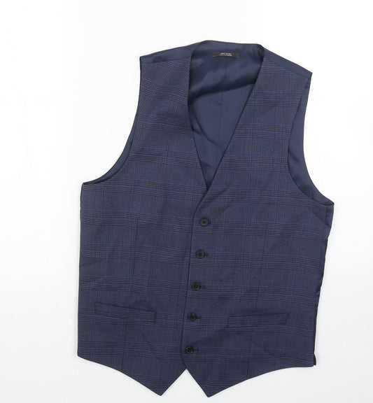 Marks and Spencer Mens Blue Plaid Polyester Jacket Suit Waistcoat Size 36 Regular