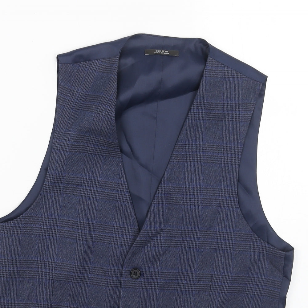 Marks and Spencer Mens Blue Plaid Polyester Jacket Suit Waistcoat Size 36 Regular