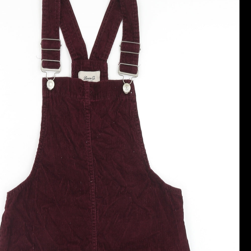 Denim & Co. Womens Red Herringbone Cotton Pinafore/Dungaree Dress Size 6 Square Neck Buckle