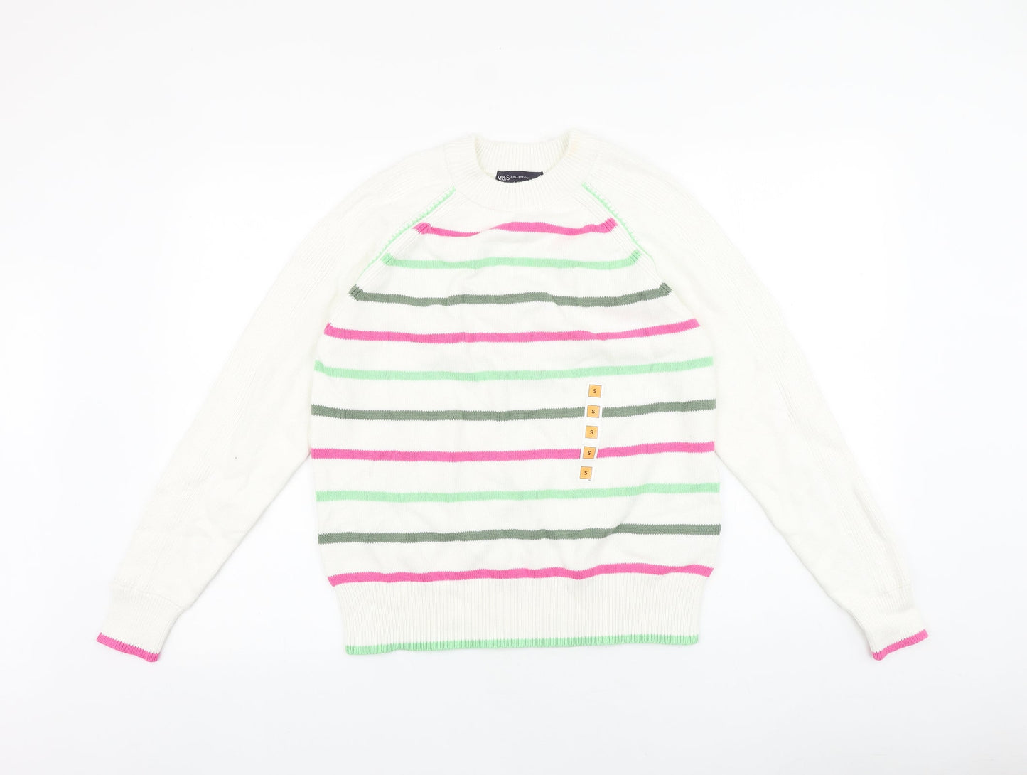 Marks and Spencer Womens White Round Neck Striped Acrylic Pullover Jumper Size S