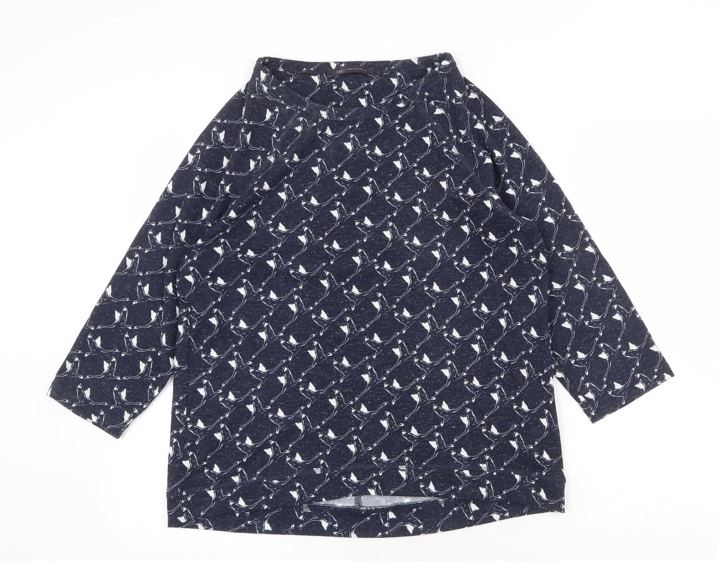 Marks and Spencer Womens Blue Geometric Polyester Basic Blouse Size 12 Boat Neck - Bird Print