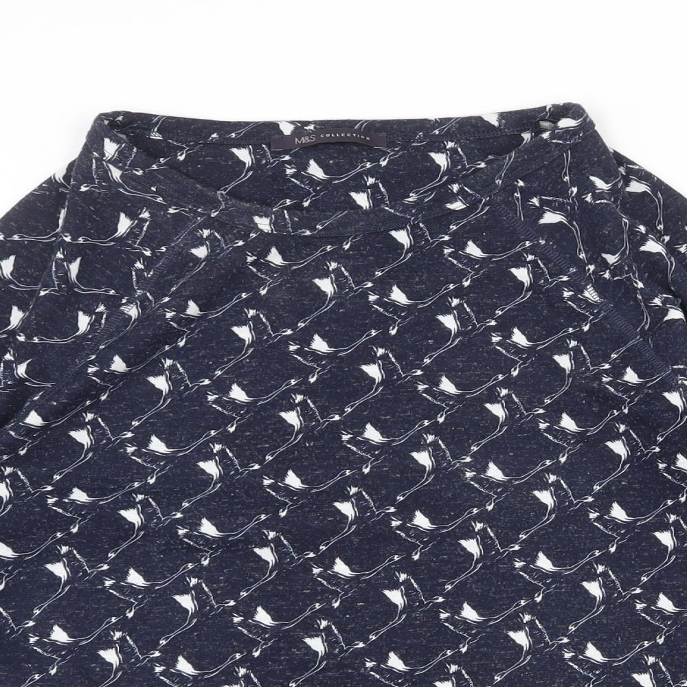 Marks and Spencer Womens Blue Geometric Polyester Basic Blouse Size 12 Boat Neck - Bird Print