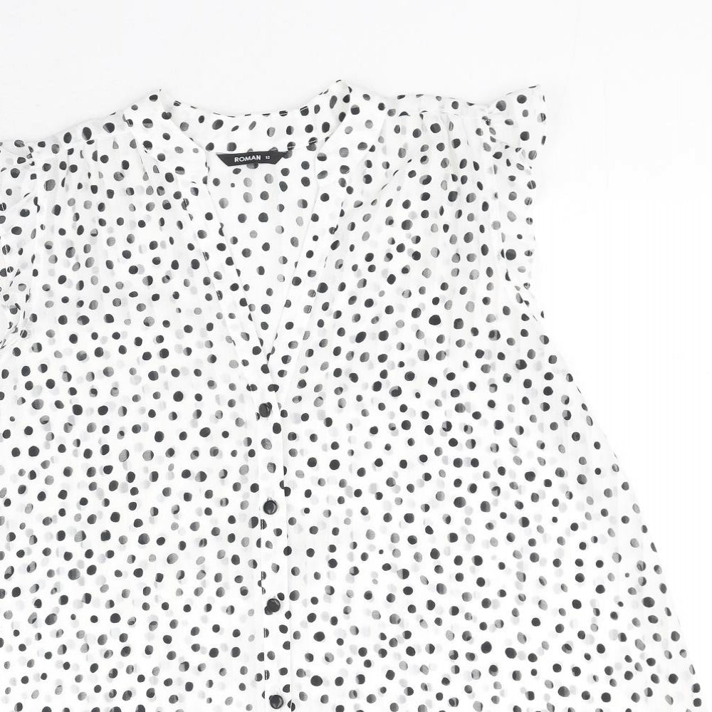 Roman Womens White Polka Dot Polyester Basic Blouse Size 12 V-Neck