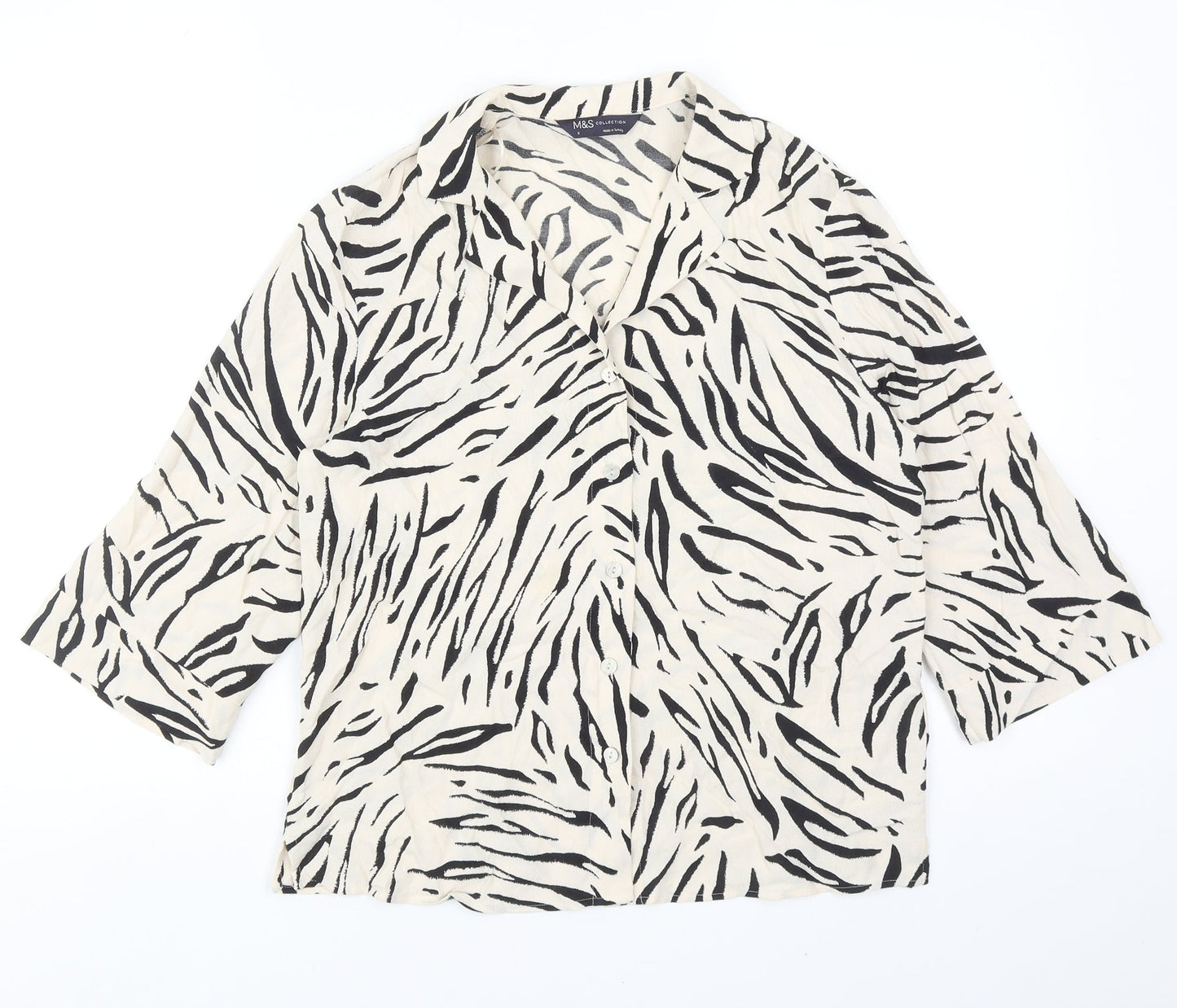 Marks and Spencer Womens Beige Animal Print Viscose Basic Button-Up Size 8 V-Neck - Zebra Print