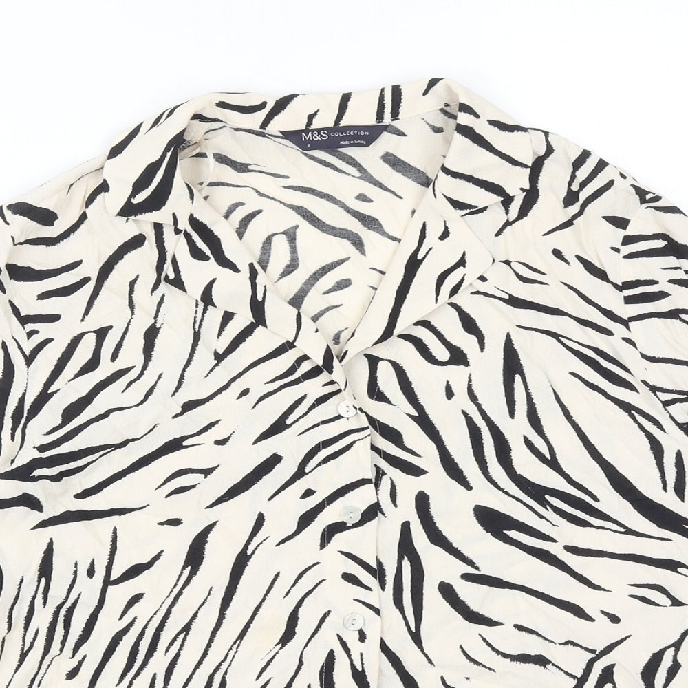 Marks and Spencer Womens Beige Animal Print Viscose Basic Button-Up Size 8 V-Neck - Zebra Print