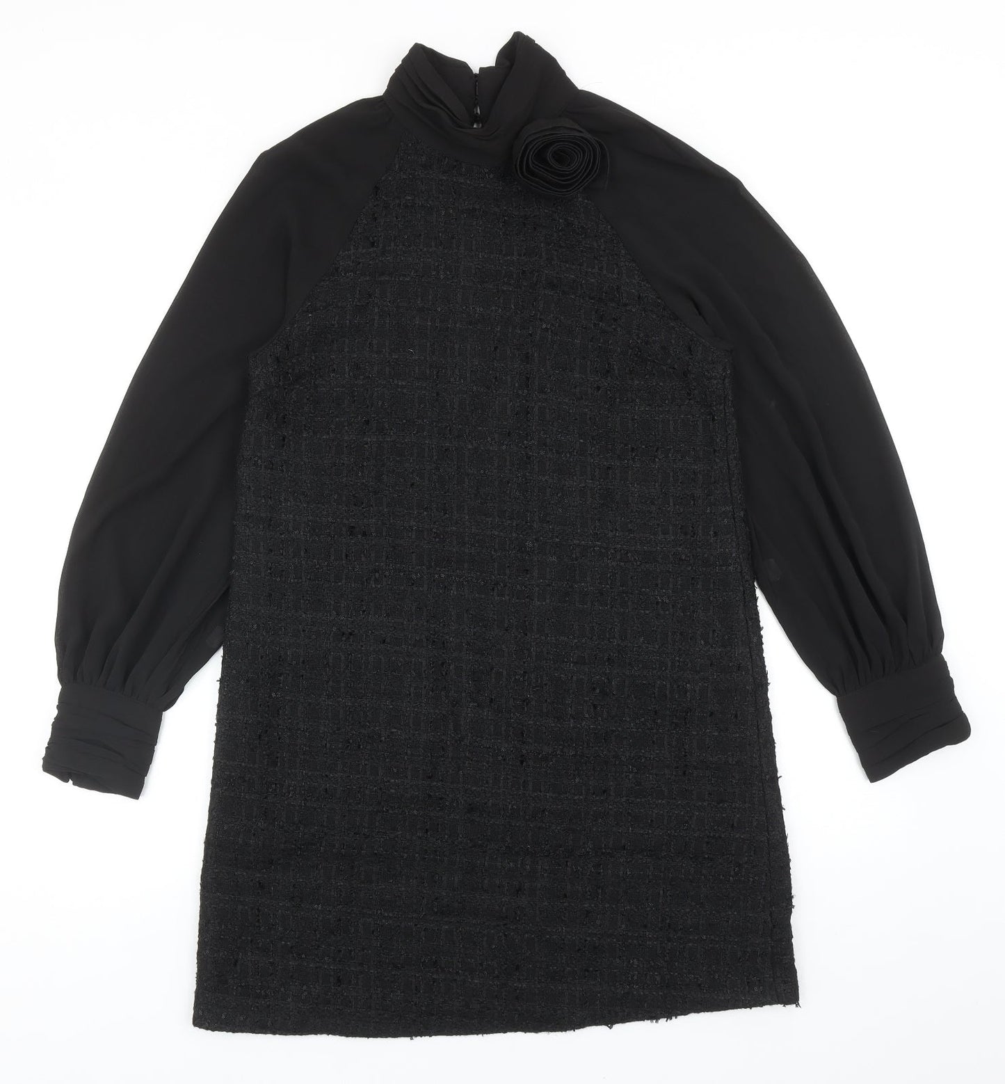 Zara Womens Black Polyester Shift Size M High Neck Button - 3D Flower