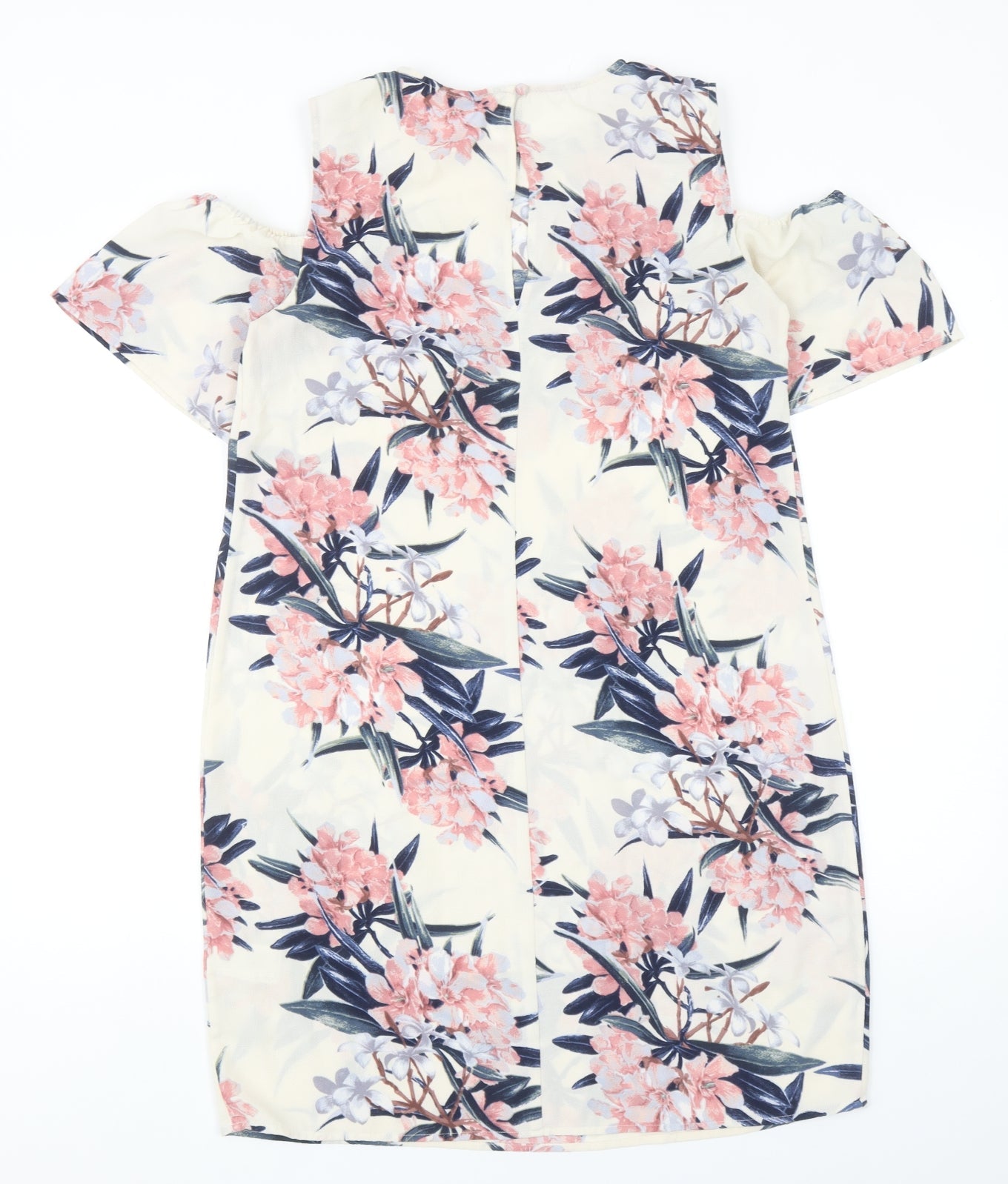 Warehouse Womens Ivory Floral Polyester Shift Size 12 Roll Neck Pullover - Cold Shoulder