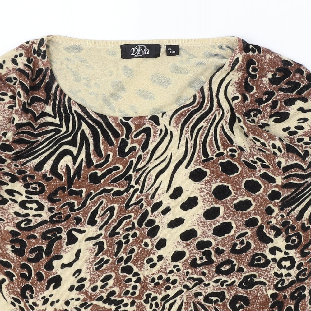 Diva Womens Brown Geometric Viscose Basic T-Shirt Size S Round Neck