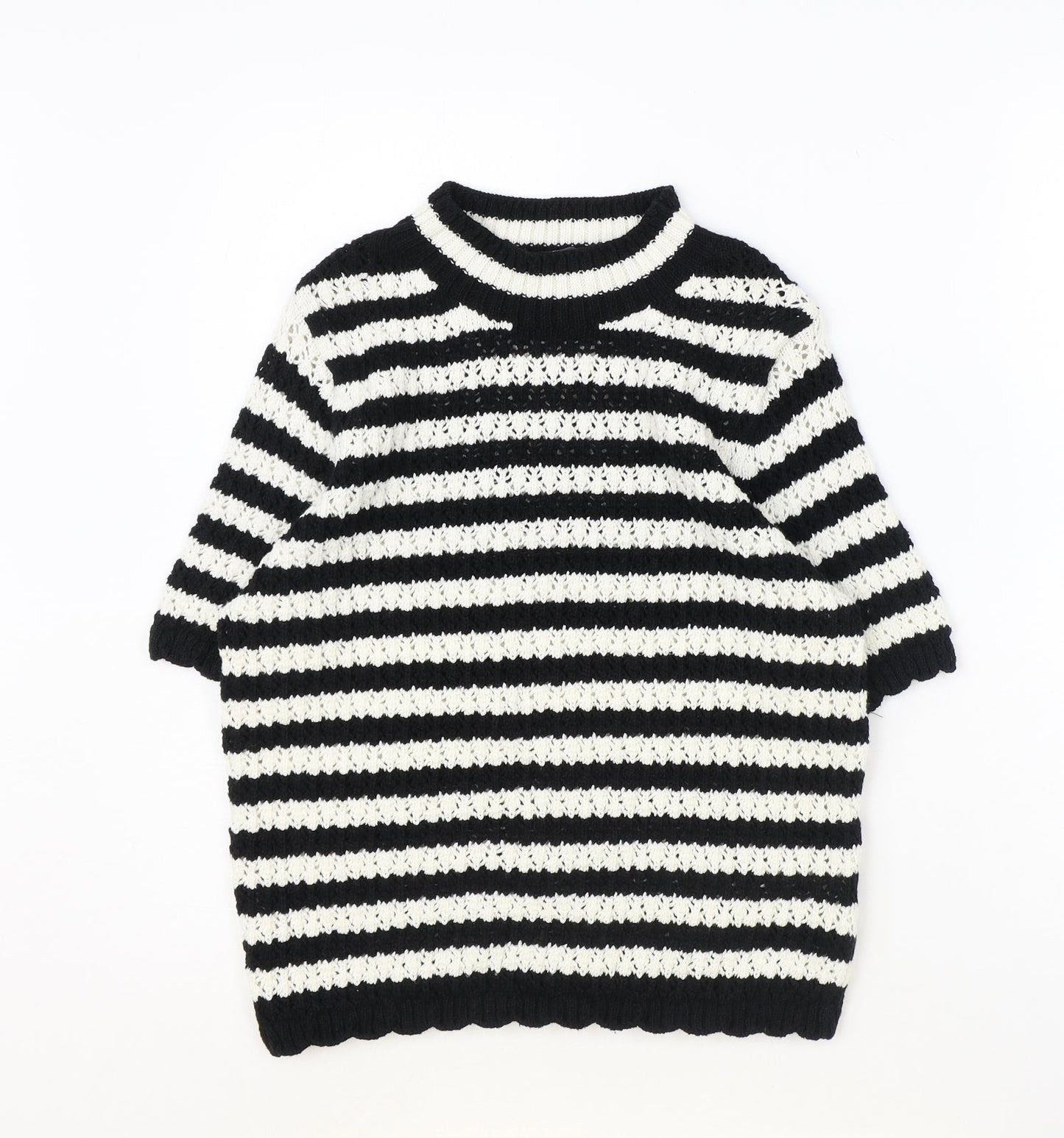 Marks and Spencer Womens Black Round Neck Striped Cotton Pullover Jumper Size 8