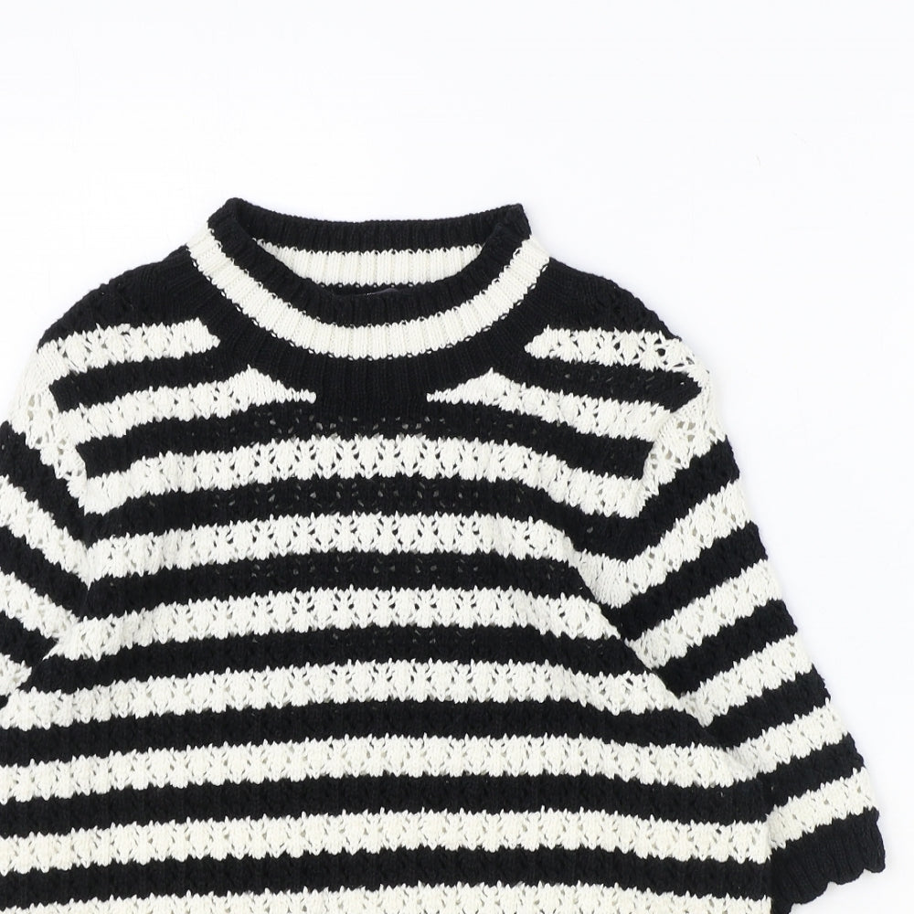Marks and Spencer Womens Black Round Neck Striped Cotton Pullover Jumper Size 8