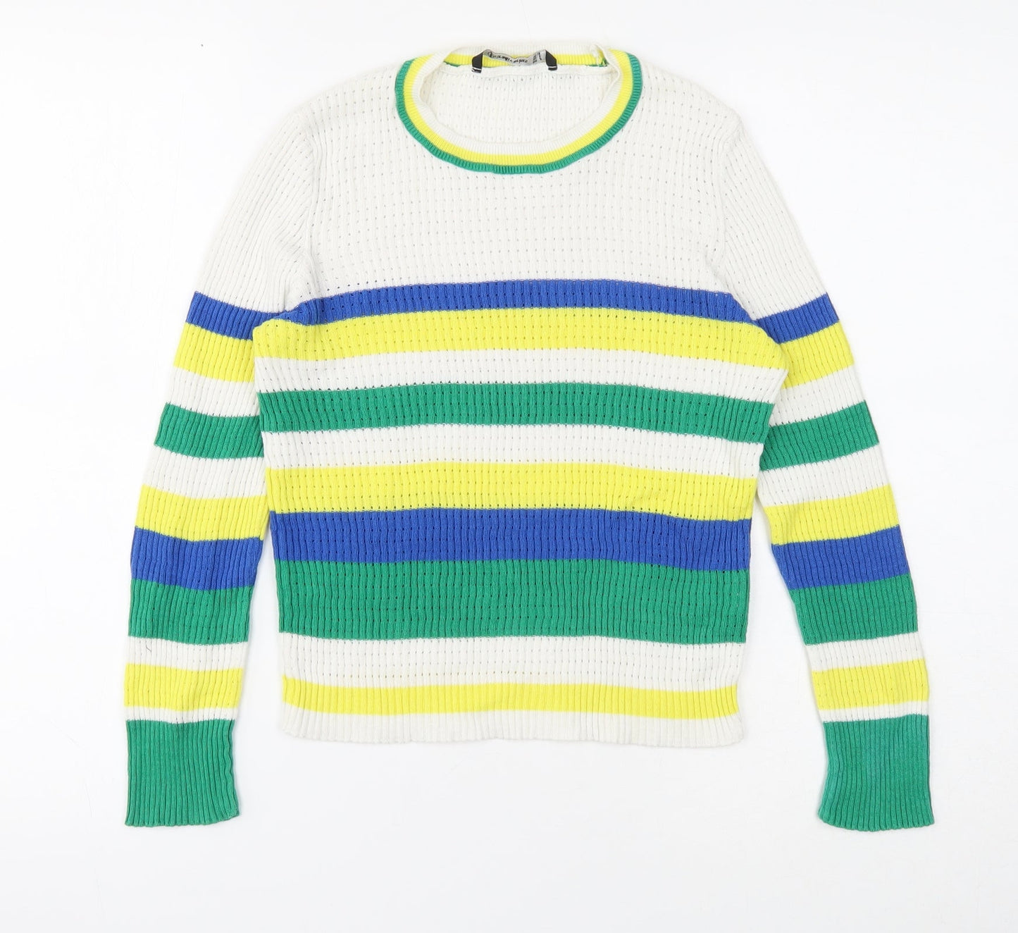 Stradivarius Womens White Round Neck Striped Cotton Pullover Jumper Size S