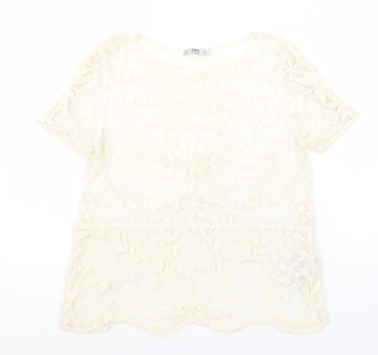 Zara Womens Beige Floral Cotton Basic Blouse Size S Boat Neck