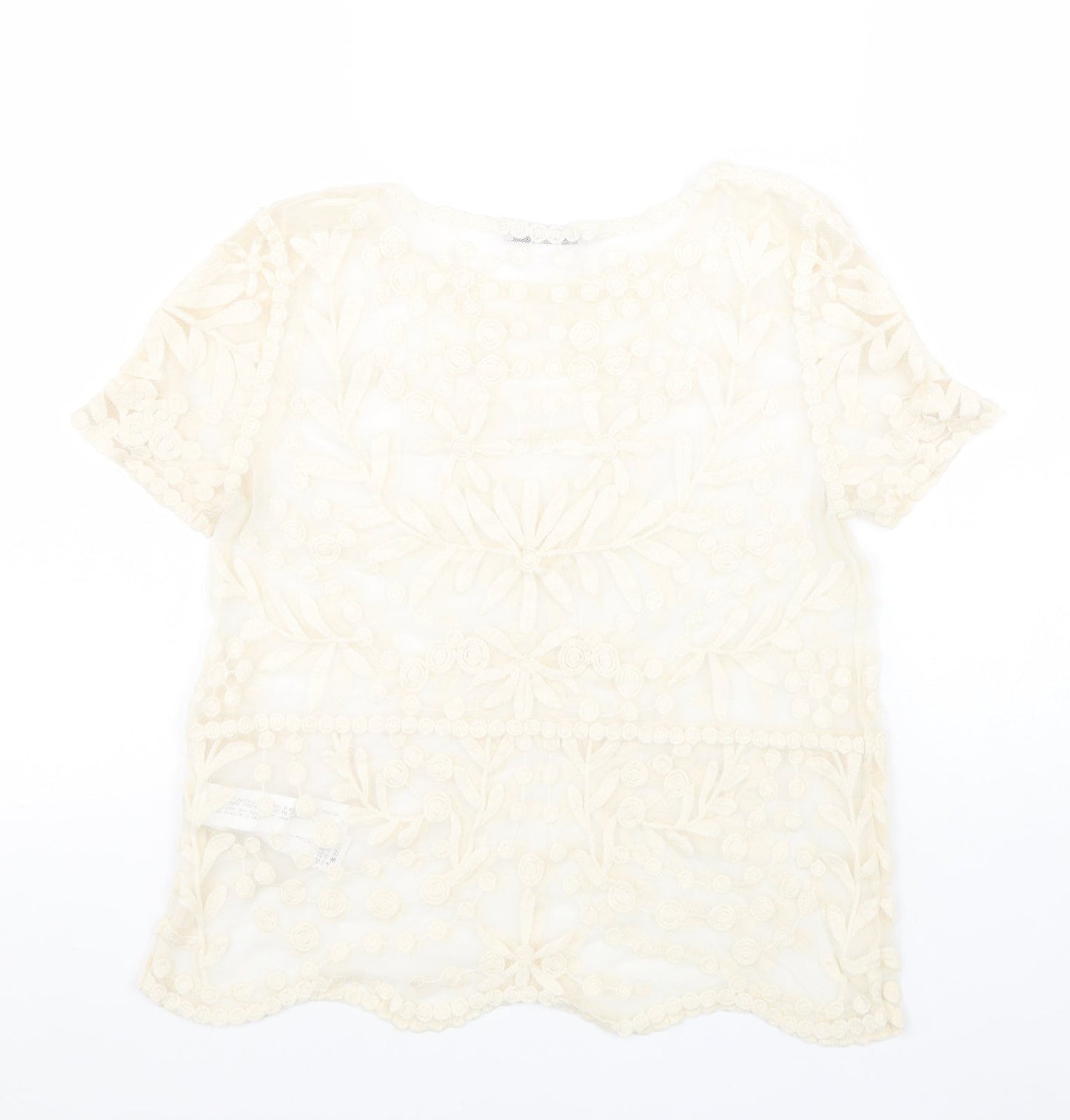 Zara Womens Beige Floral Cotton Basic Blouse Size S Boat Neck