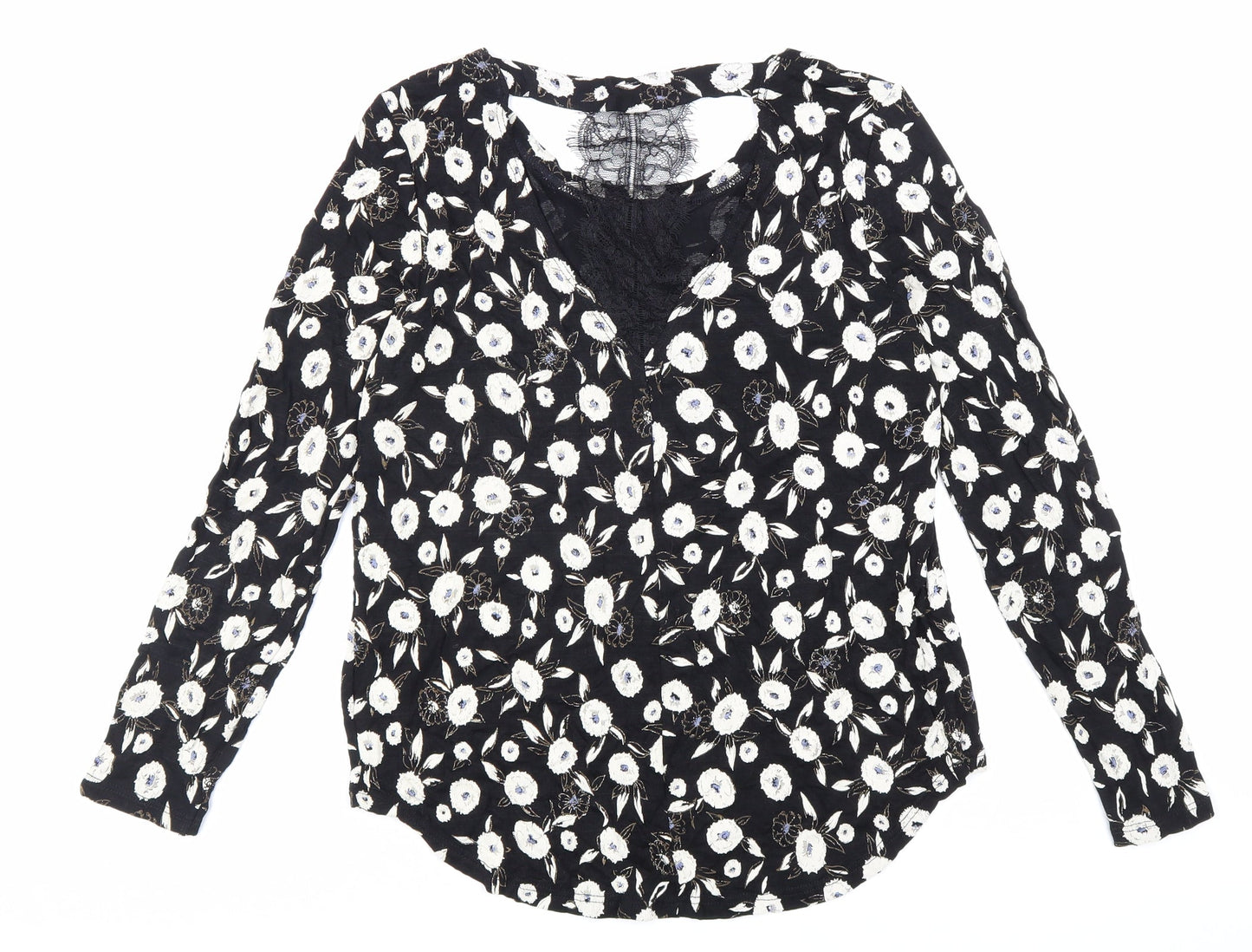NEXT Womens Black Floral Viscose Basic Blouse Size 6 Boat Neck - Cut Out