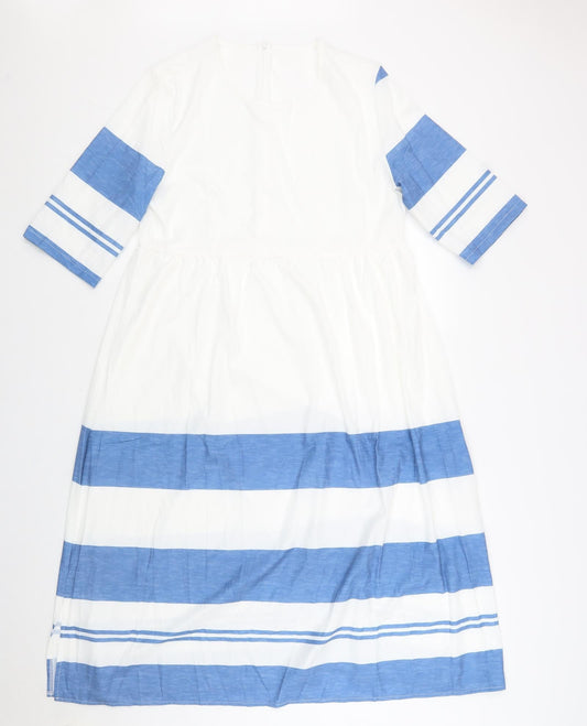 Preworn Womens White Striped Cotton A-Line Size M Round Neck Zip