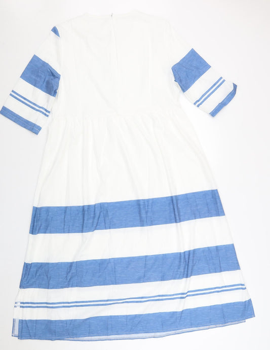 Preworn Womens White Striped Cotton A-Line Size M Round Neck Zip