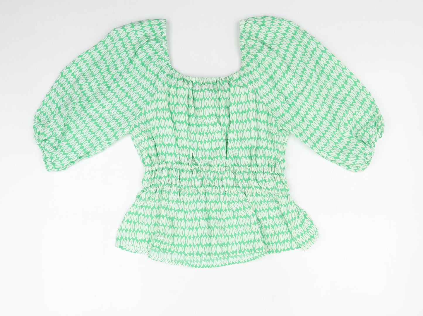 Marks and Spencer Womens Green Geometric Viscose Basic Blouse Size 10 Scoop Neck - Shirred Waist