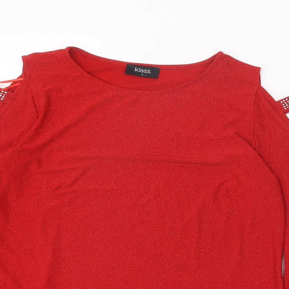 Klass Womens Red Polyester Basic Blouse Size S Boat Neck - Cold Shoulder Bell Sleeve