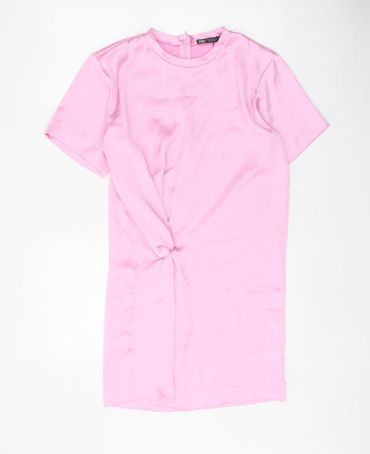 Zara Womens Pink Polyester Shift Size XS Round Neck Zip - Twist Detail