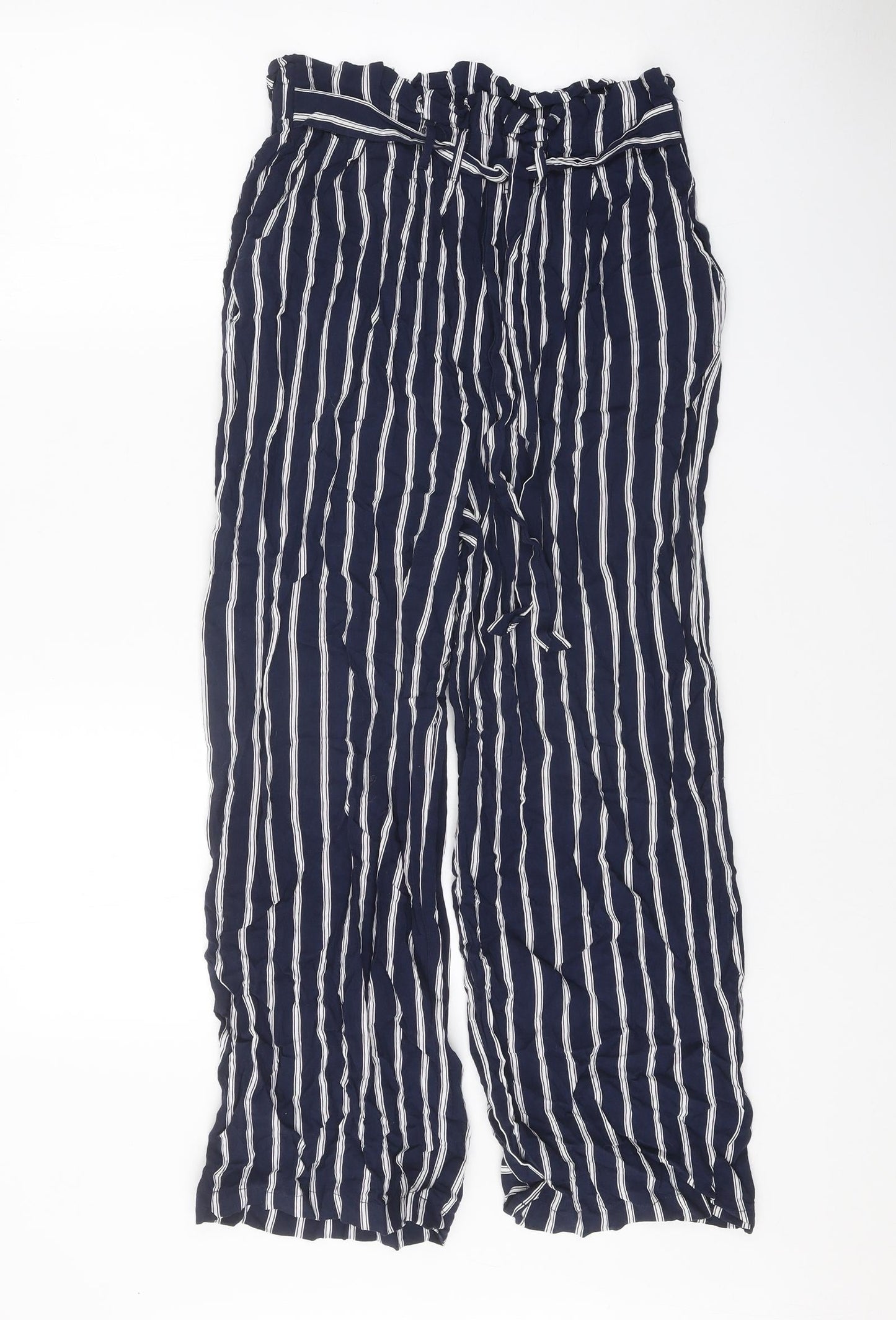 PEP&CO Womens Blue Striped Polyester Trousers Size 8 Regular Tie