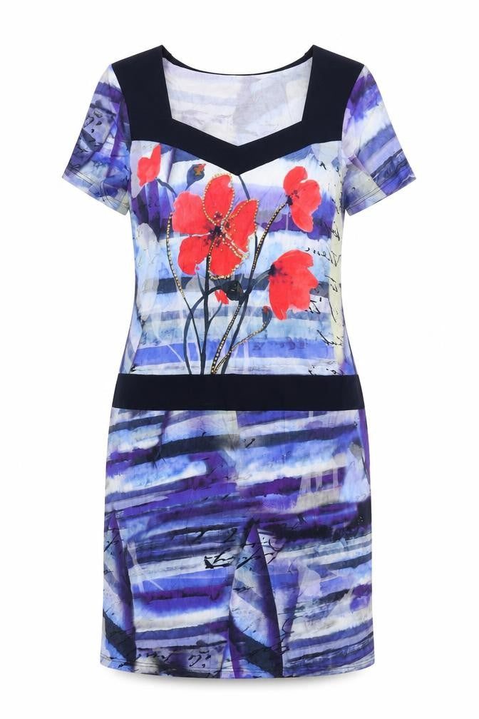 Pause Cafe Womens Blue Geometric Viscose Shift Size 8 V-Neck Pullover