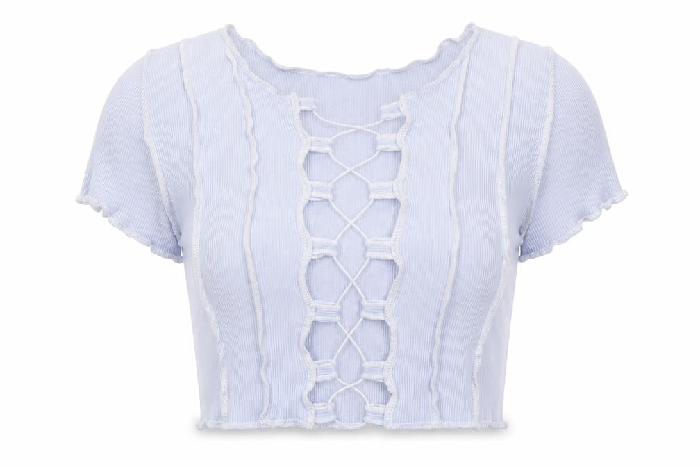 H&M Womens Blue Geometric Cotton Cropped T-Shirt Size S V-Neck