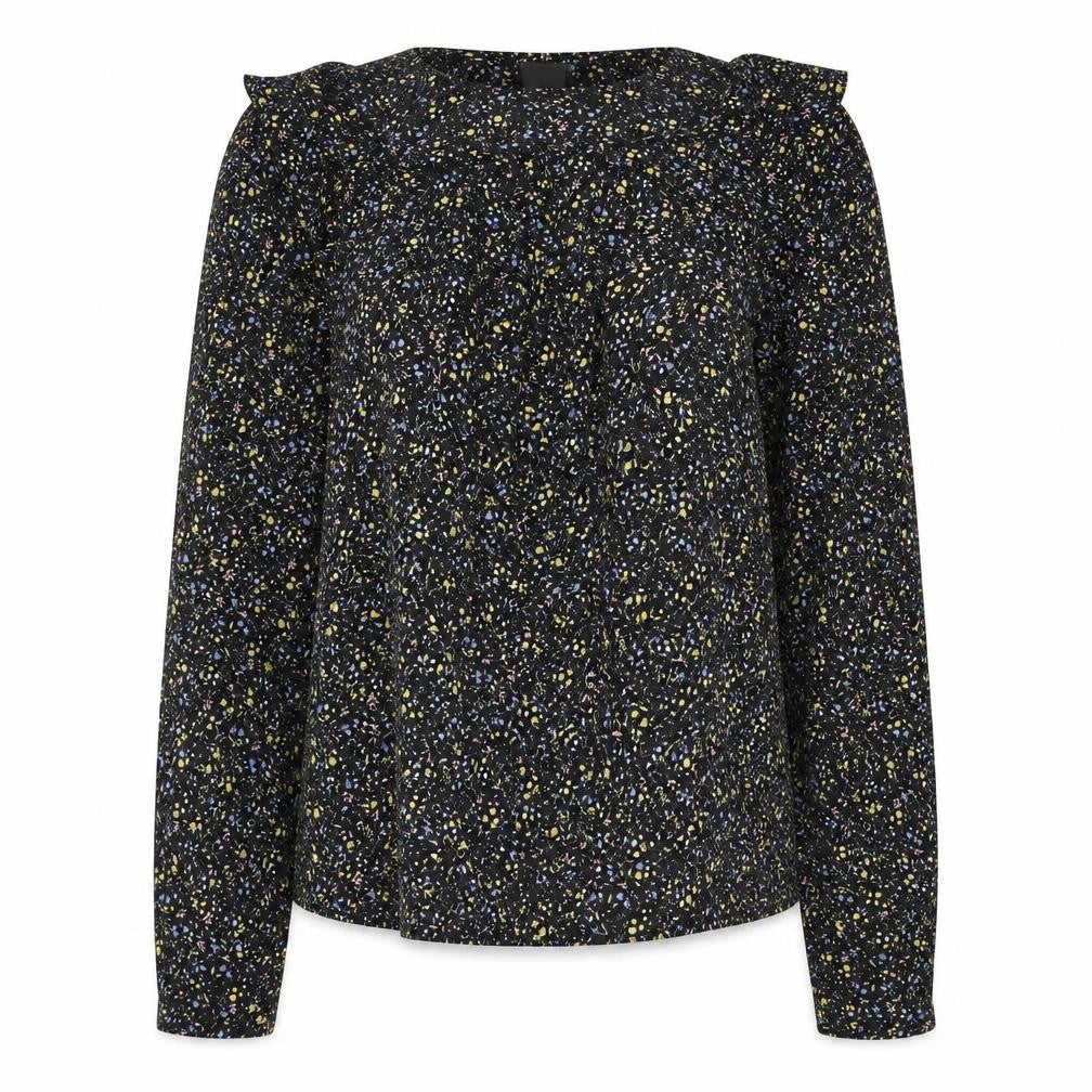 ICHI Womens Black Geometric Polyester Basic Blouse Size S Round Neck