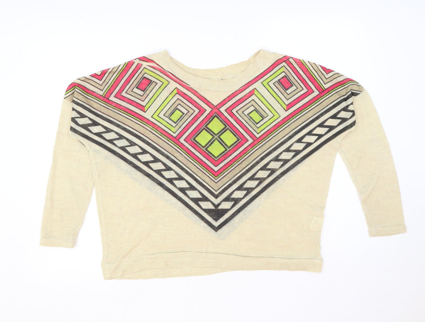 QED London Womens Beige Geometric Polyester Basic T-Shirt Size S Round Neck