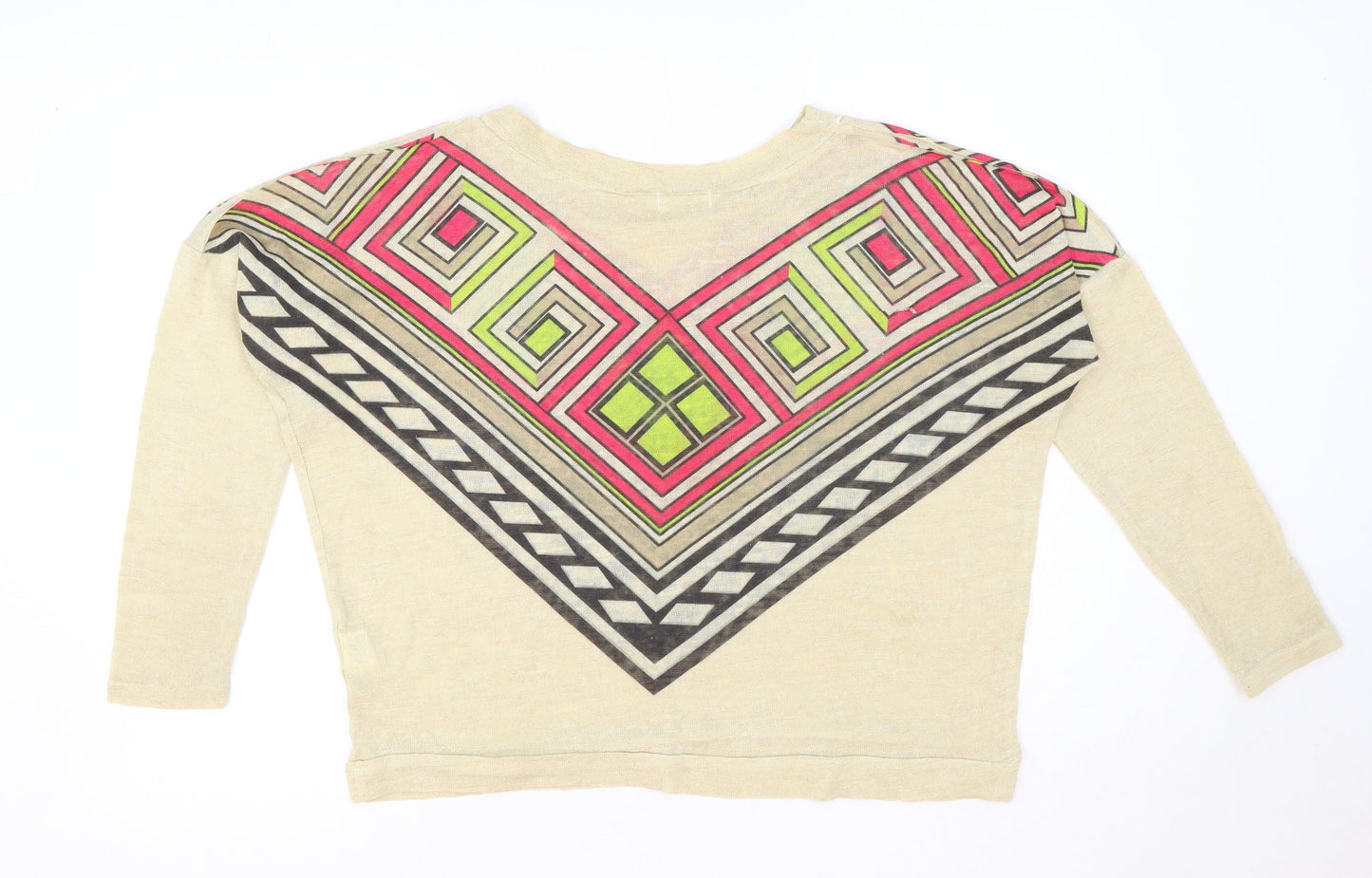 QED London Womens Beige Geometric Polyester Basic T-Shirt Size S Round Neck