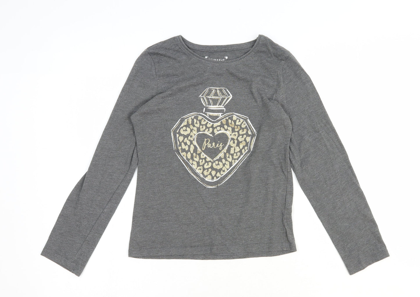Primark Girls Grey Cotton Basic T-Shirt Size 9-10 Years Round Neck Pullover - Paris