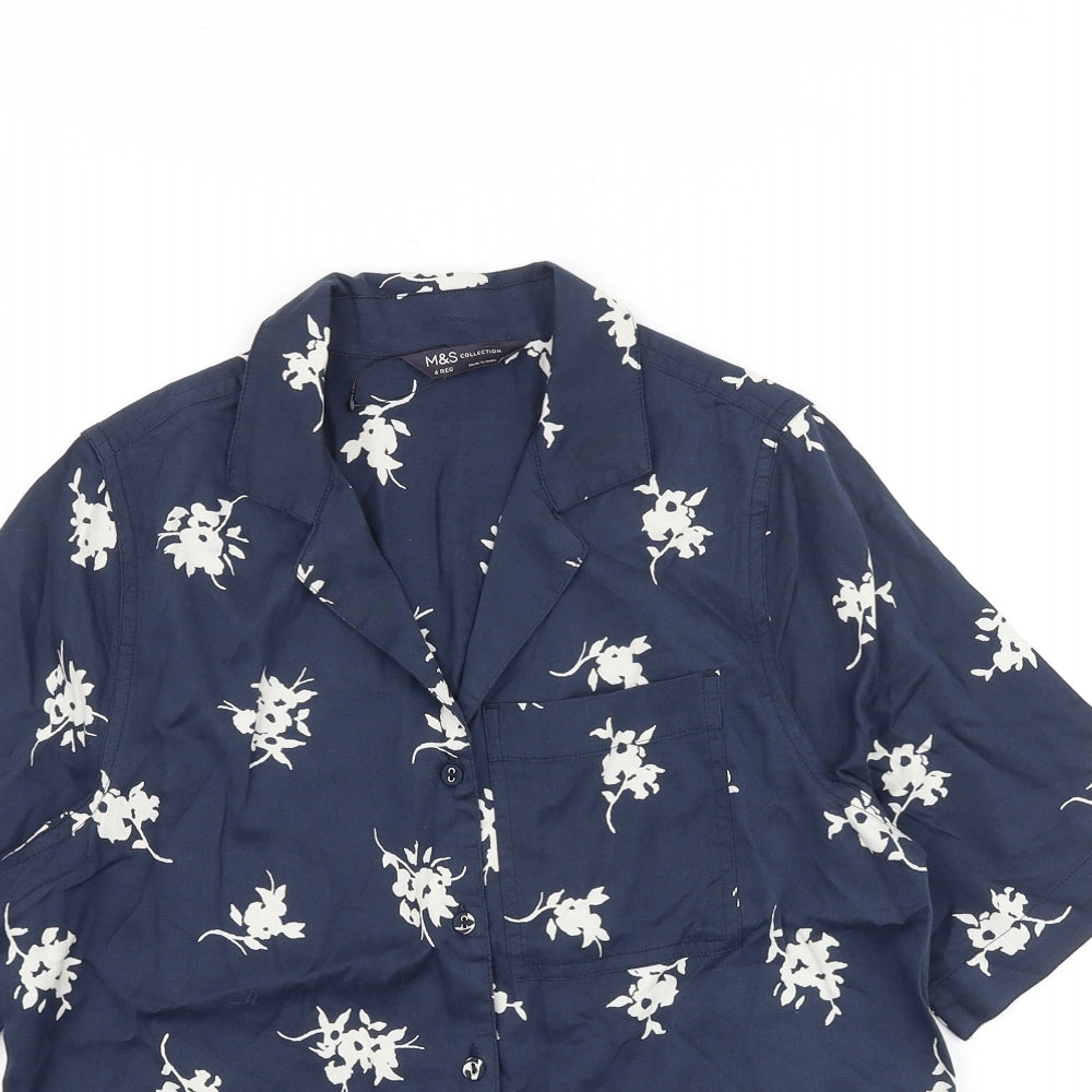 Marks and Spencer Womens Blue Geometric 100% Cotton Basic Button-Up Size 6 V-Neck