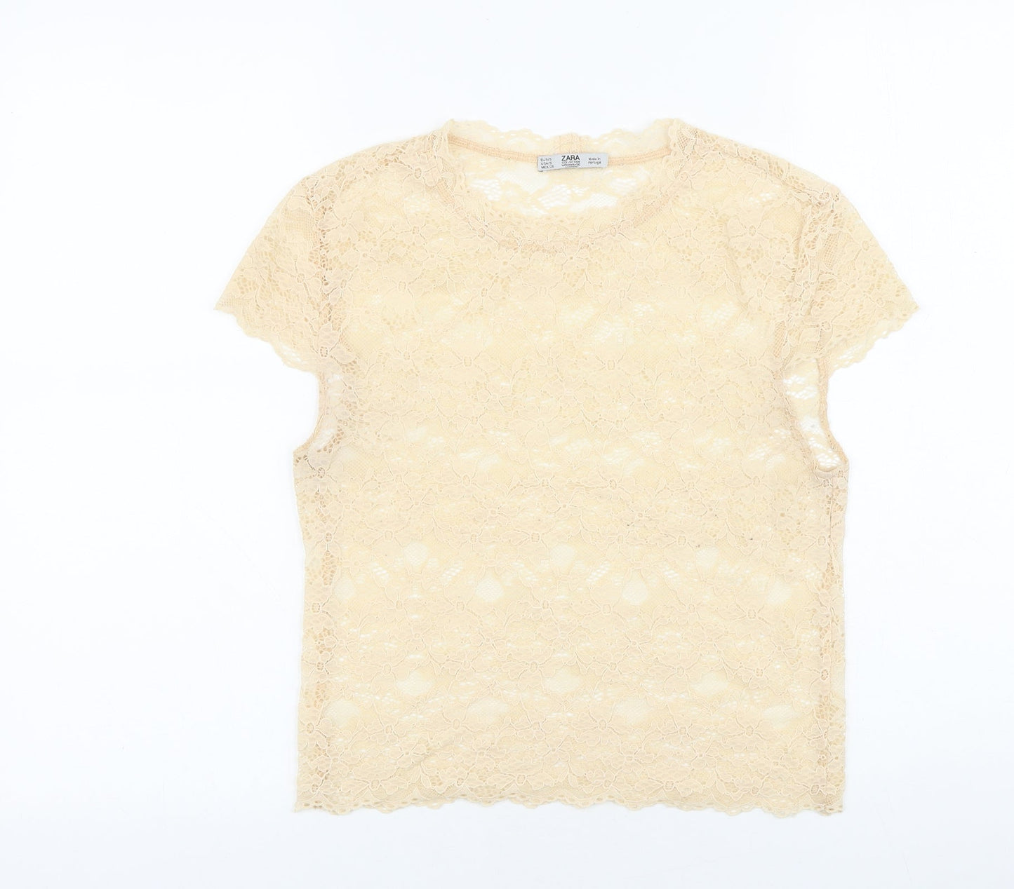 Zara Womens Ivory Geometric Polyamide Basic T-Shirt Size S Round Neck