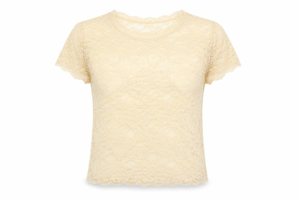 Zara Womens Ivory Geometric Polyamide Basic T-Shirt Size S Round Neck