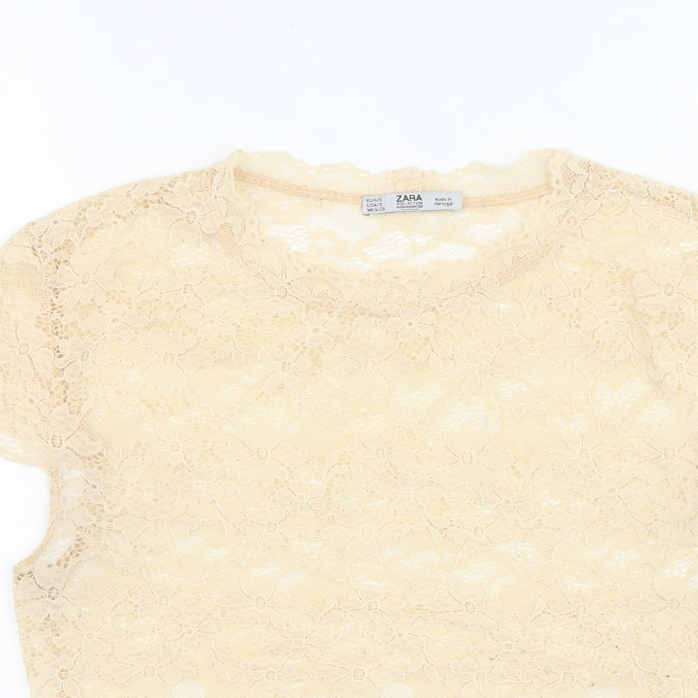 Zara Womens Ivory Geometric Polyamide Basic T-Shirt Size S Round Neck