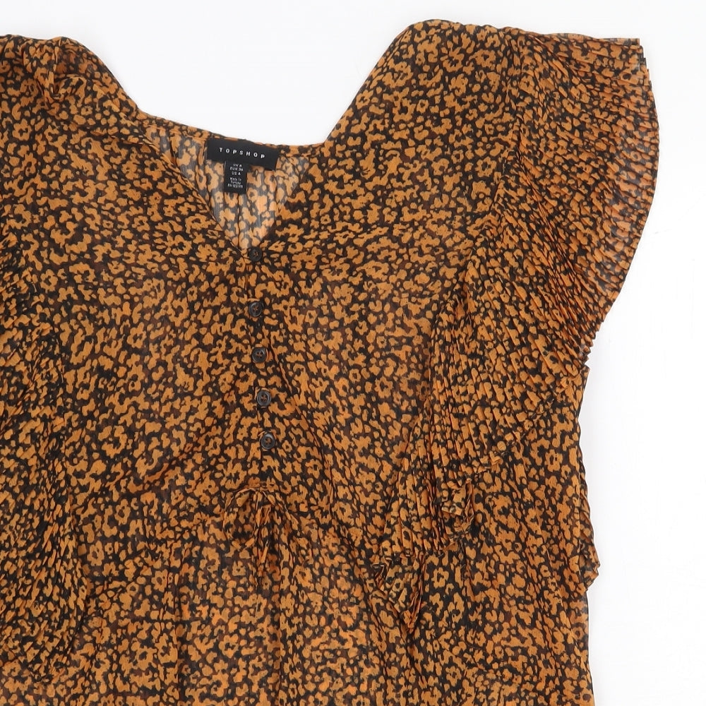 Topshop Womens Orange Animal Print Polyester Basic Blouse Size 8 V-Neck - Leopard Print