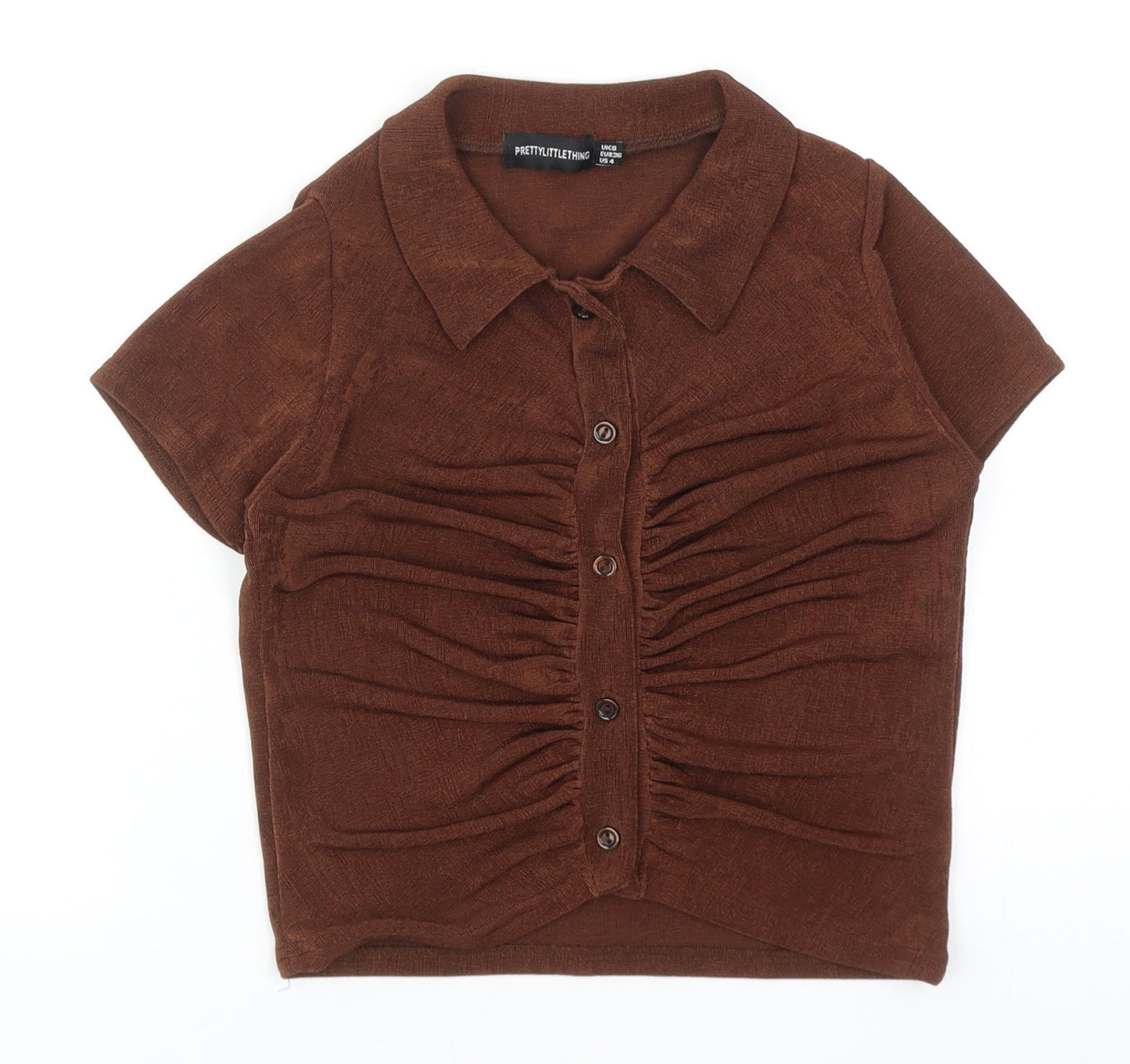 PRETTYLITTLETHING Womens Brown Polyester Cropped Button-Up Size 8 V-Neck