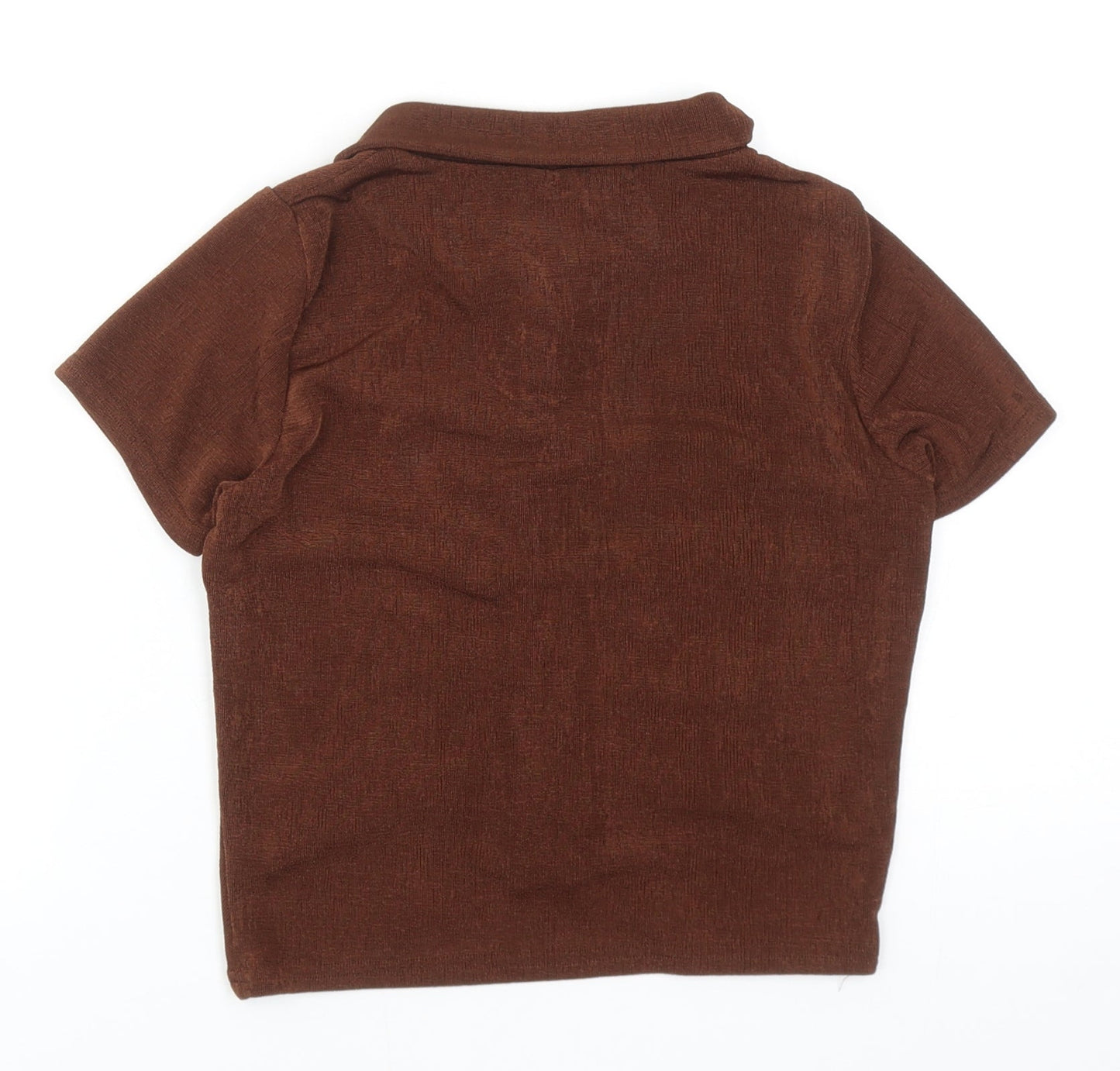PRETTYLITTLETHING Womens Brown Polyester Cropped Button-Up Size 8 V-Neck