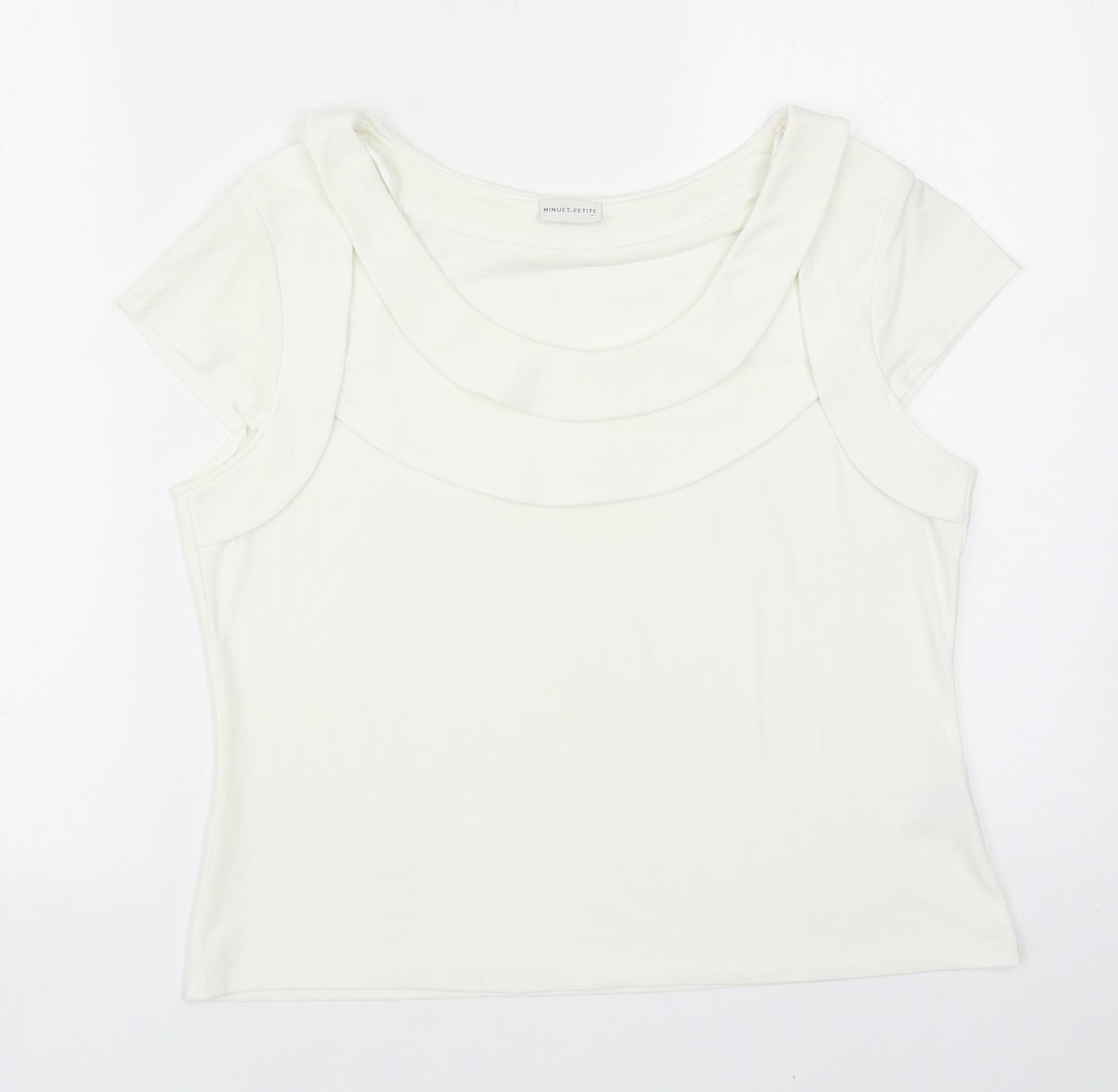 Minuet Womens Ivory Polyester Basic T-Shirt Size 14 Round Neck