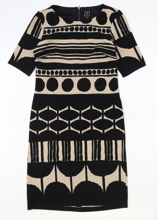 RMLL Womens Black Geometric Polyester A-Line Size 6 Round Neck Zip
