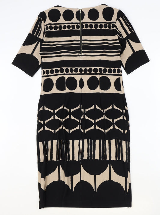 RMLL Womens Black Geometric Polyester A-Line Size 6 Round Neck Zip
