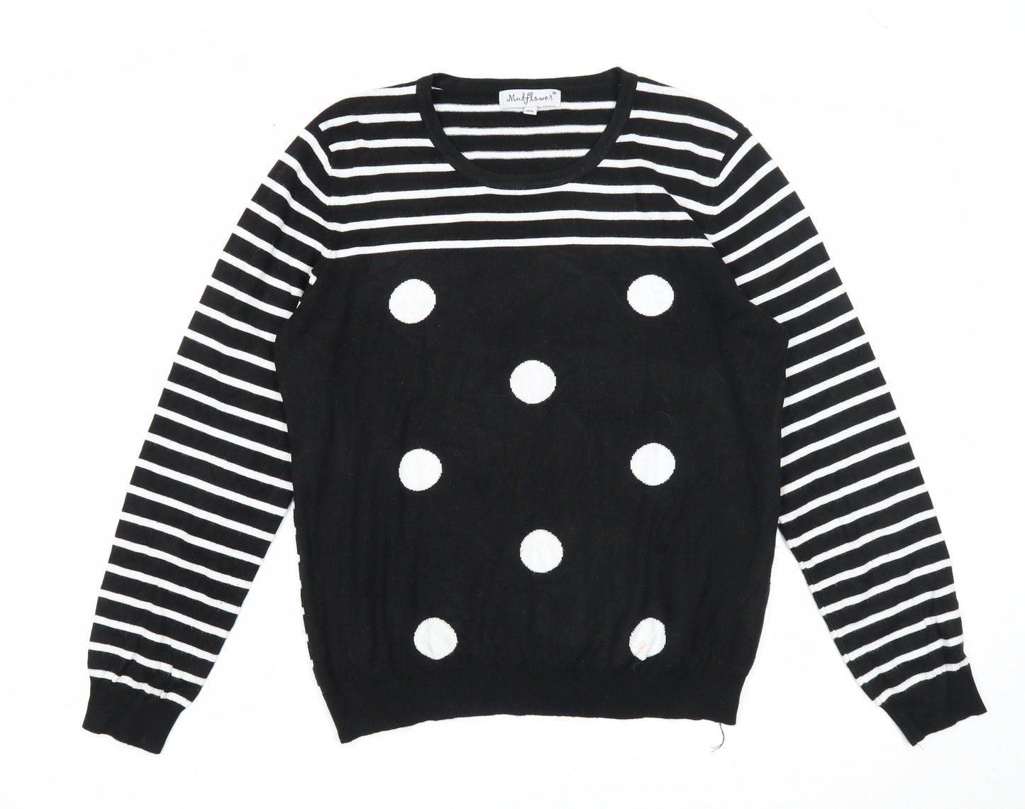 Mudflower Womens Black Scoop Neck Striped Viscose Pullover Jumper Size M