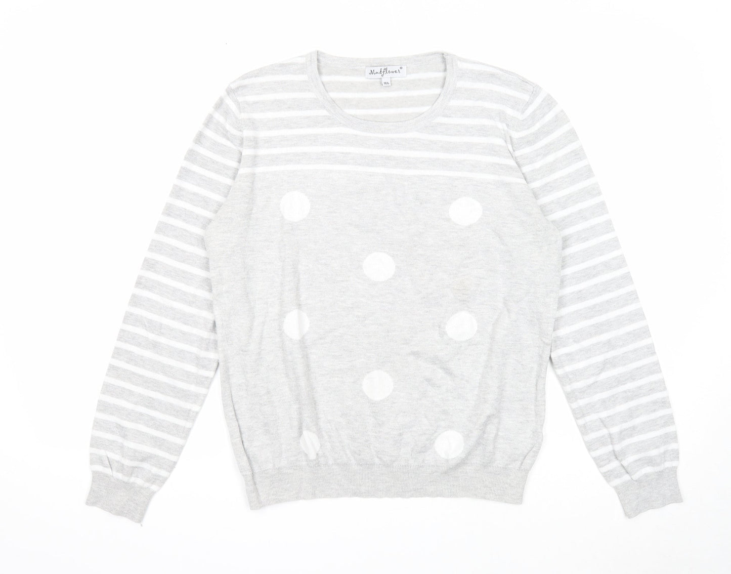 Mudflower Womens Grey Scoop Neck Striped Viscose Pullover Jumper Size M