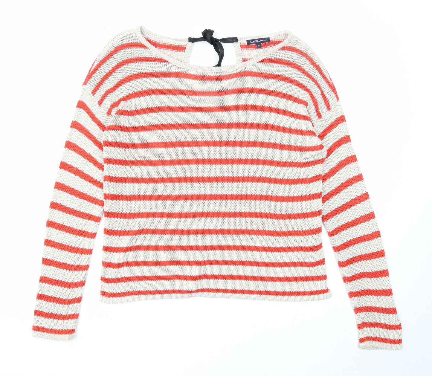 Marks and Spencer Womens Beige Round Neck Striped Acrylic Pullover Jumper Size 12