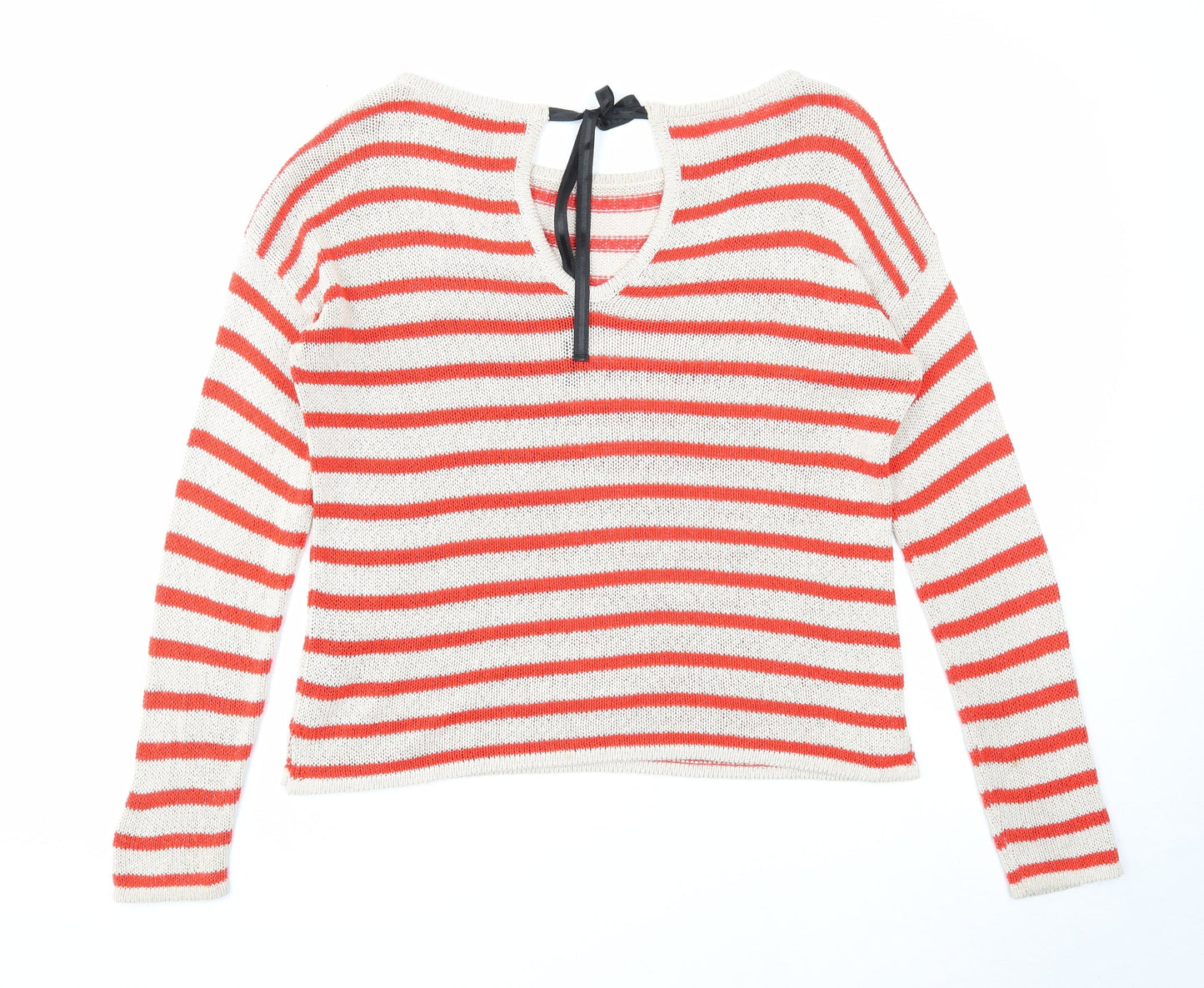 Marks and Spencer Womens Beige Round Neck Striped Acrylic Pullover Jumper Size 12