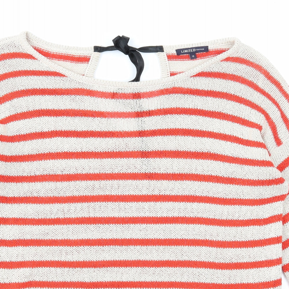 Marks and Spencer Womens Beige Round Neck Striped Acrylic Pullover Jumper Size 12