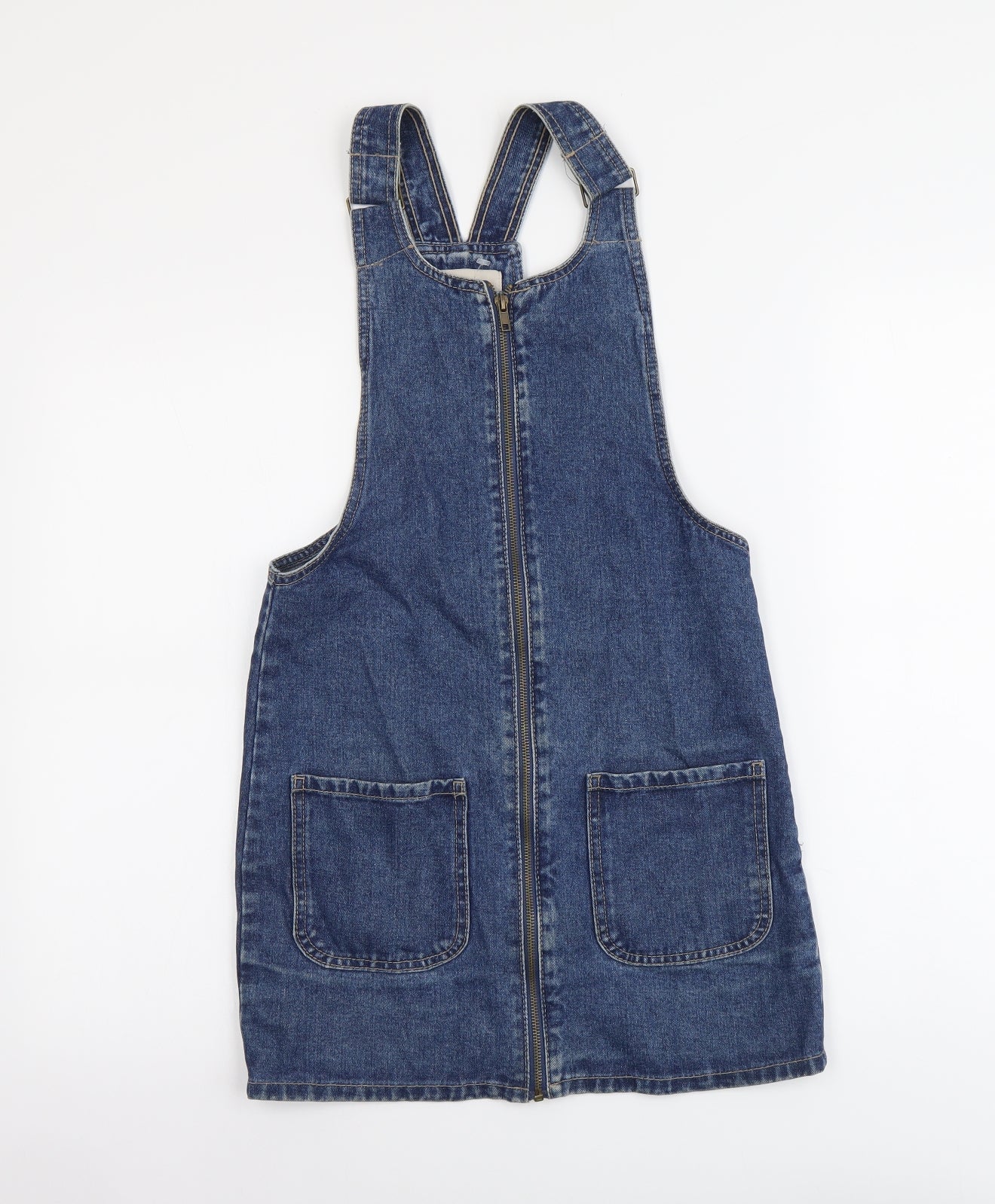 Denim & Co. Womens Beige Cotton Pinafore/Dungaree Dress Size 4 Scoop Neck Zip