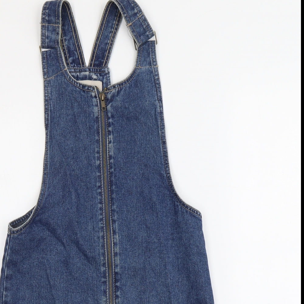 Denim & Co. Womens Beige Cotton Pinafore/Dungaree Dress Size 4 Scoop Neck Zip