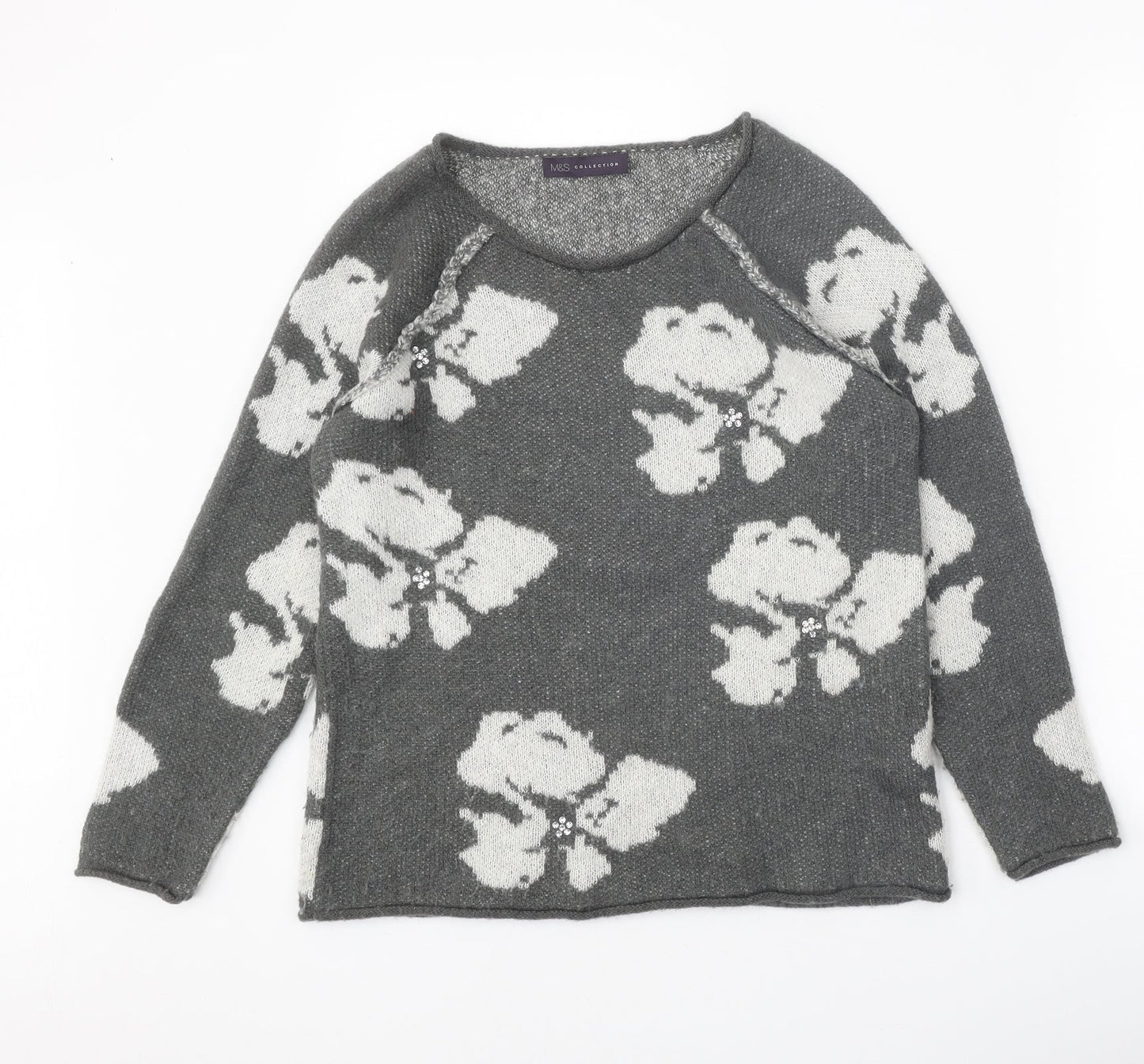 Marks and Spencer Womens Grey Scoop Neck Geometric Acrylic Pullover Jumper Size 10