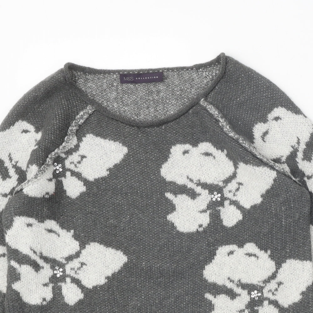 Marks and Spencer Womens Grey Scoop Neck Geometric Acrylic Pullover Jumper Size 10