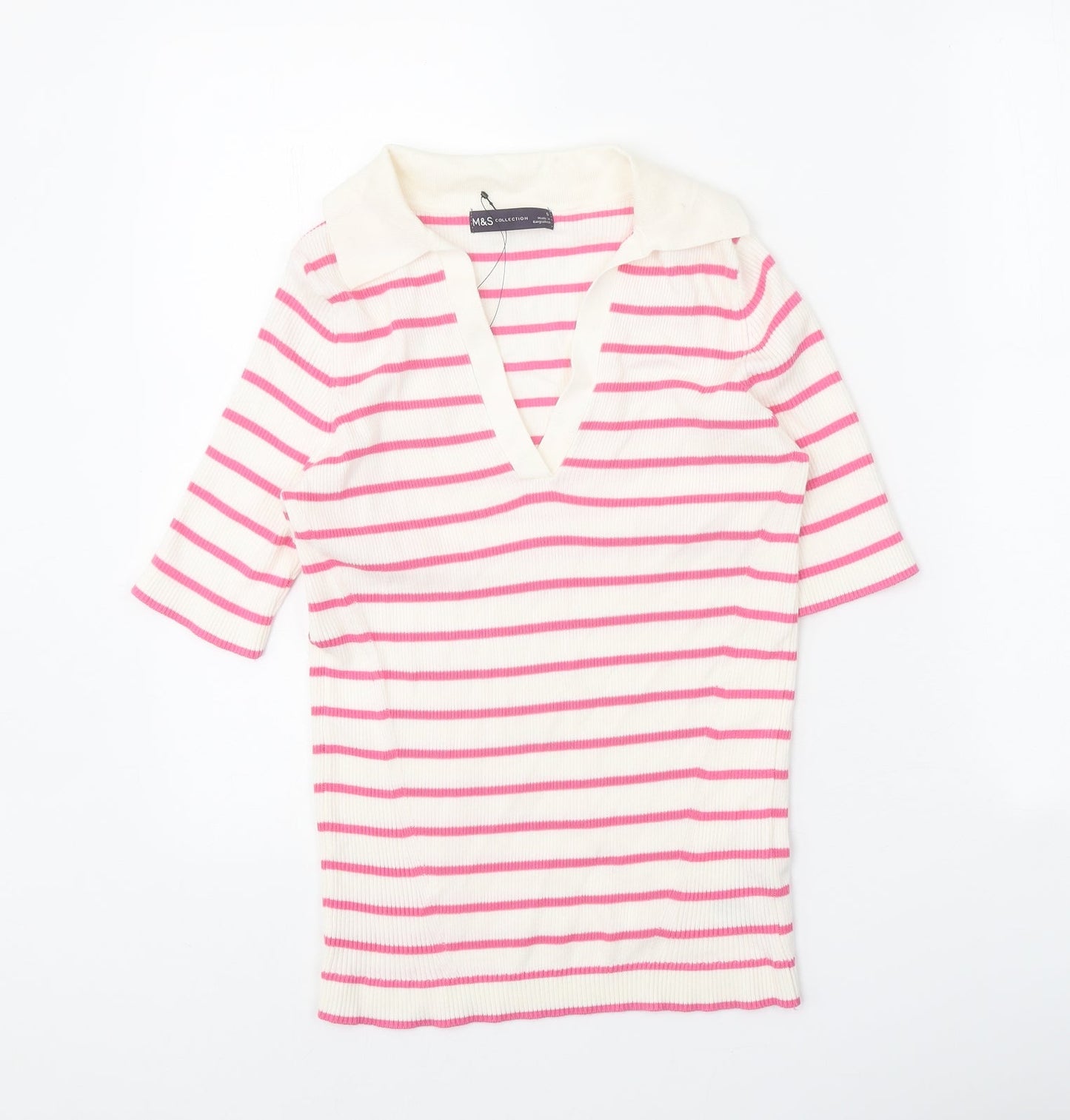 Marks and Spencer Womens White V-Neck Striped Cotton Pullover Jumper Size S